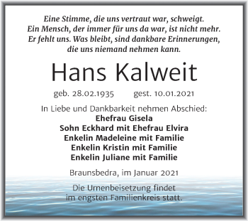 Traueranzeige von Hans Kalweit von Mitteldeutsche Zeitung Merseburg/Querfurt
