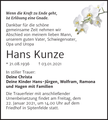 Traueranzeige von Hans Kunze von Super Sonntag Quedlinburg