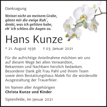 Traueranzeige von Hans Kunze von Mitteldeutsche Zeitung Quedlinburg
