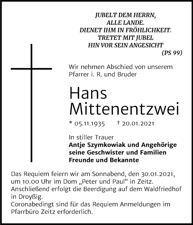  Traueranzeige für Hans Mittenentzwei vom 27.01.2021 aus Mitteldeutsche Zeitung Zeitz