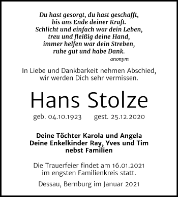 Traueranzeige von Hans Stolze von Mitteldeutsche Zeitung Dessau-Roßlau