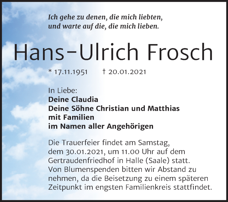  Traueranzeige für Hans-Ulrich Frosch vom 23.01.2021 aus Mitteldeutsche Zeitung Halle/Saalkreis
