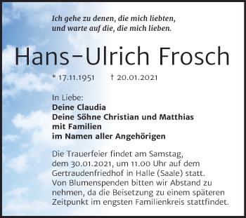 Traueranzeige von Hans-Ulrich Frosch von Mitteldeutsche Zeitung Halle/Saalkreis