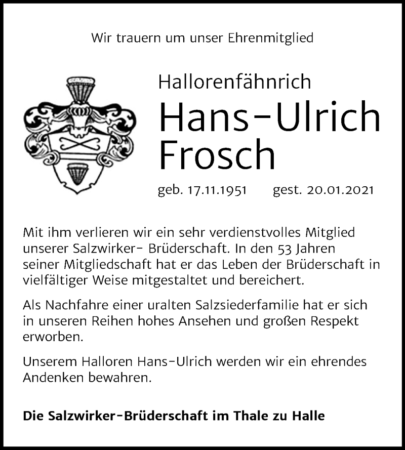  Traueranzeige für Hans-Ulrich Frosch vom 25.01.2021 aus Mitteldeutsche Zeitung Halle/Saalkreis