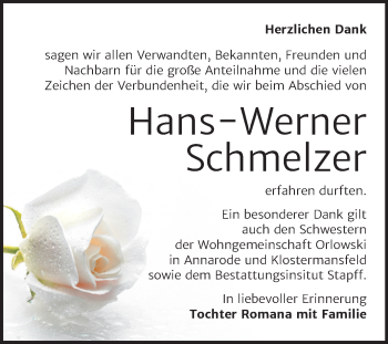 Traueranzeige von Hans-Werner Schmelzer von Mitteldeutsche Zeitung Mansfelder Land