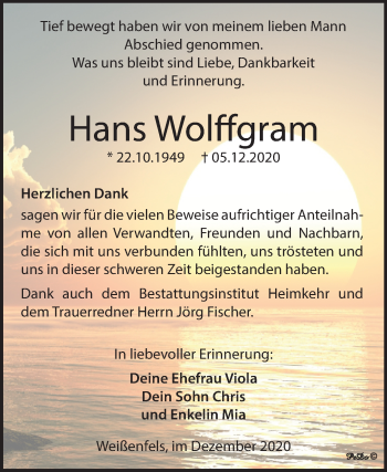 Traueranzeige von Hans Wolffgram von Super Sonntag Weißenfels