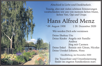 Traueranzeige von Hans Alfred Menz von Super Sonntag Quedlinburg
