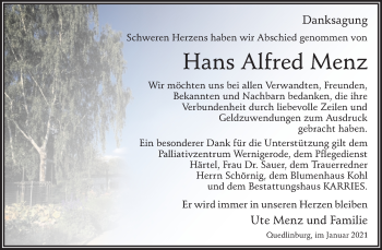 Traueranzeige von Hans Alfred Menz von Super Sonntag Quedlinburg