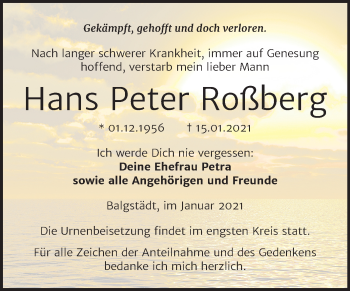 Traueranzeige von Hans Peter Roßberg von Super Sonntag Naumburg/Nebra