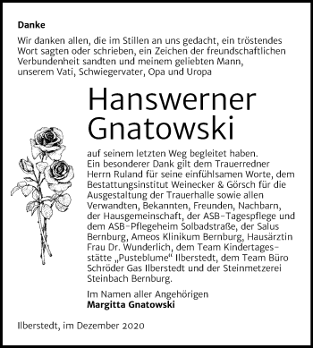 Traueranzeige von Hanswerner Gnatowski von Mitteldeutsche Zeitung Bernburg