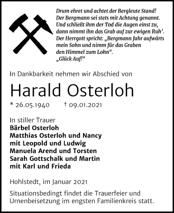 Traueranzeige von Harald Osterloh von Mitteldeutsche Zeitung Sangerhausen