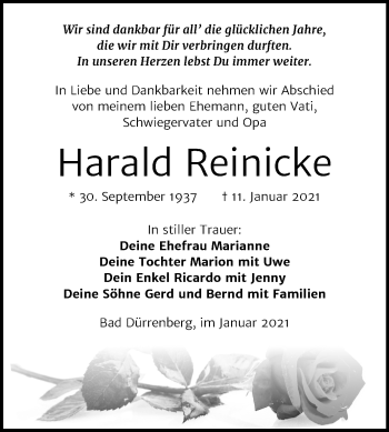 Traueranzeige von Harald Reinicke von Super Sonntag Merseburg/Querfurt