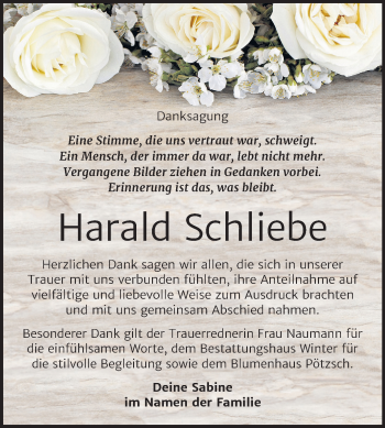 Traueranzeige von Harald Schliebe von Mitteldeutsche Zeitung Bitterfeld