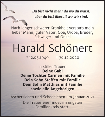 Traueranzeige von Harald Schönert von Super Sonntag Aschersleben