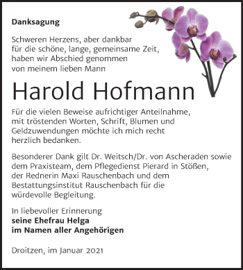 Traueranzeige von Harold Hofmann von Mitteldeutsche Zeitung Naumburg/Nebra