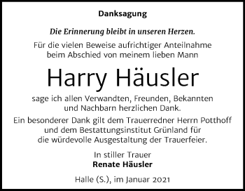 Traueranzeige von Harry Häusler von Mitteldeutsche Zeitung Halle/Saalkreis