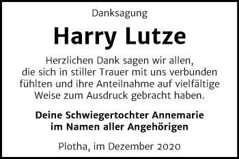 Traueranzeige von Harry Lutze von Mitteldeutsche Zeitung Weißenfels