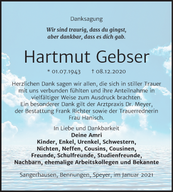 Traueranzeige von Hartmut Gebser von Super Sonntag Sangerhausen