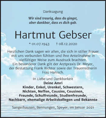 Traueranzeige von Hartmut Gebser von Mitteldeutsche Zeitung Sangerhausen