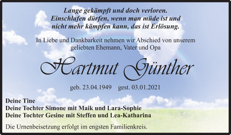  Traueranzeige für Hartmut Günther vom 16.01.2021 aus Mitteldeutsche Zeitung Quedlinburg