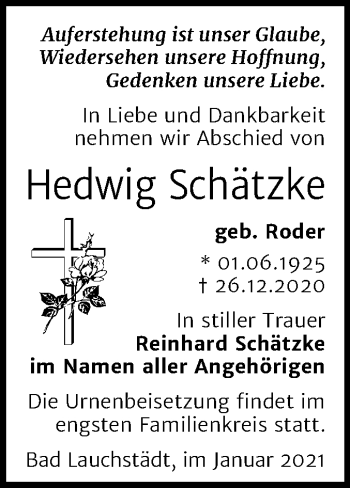 Traueranzeige von Hedwig Schätzke von Super Sonntag Merseburg/Querfurt