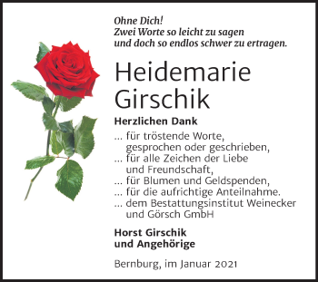 Traueranzeige von Heidemarie Girschik von Super Sonntag Bernburg