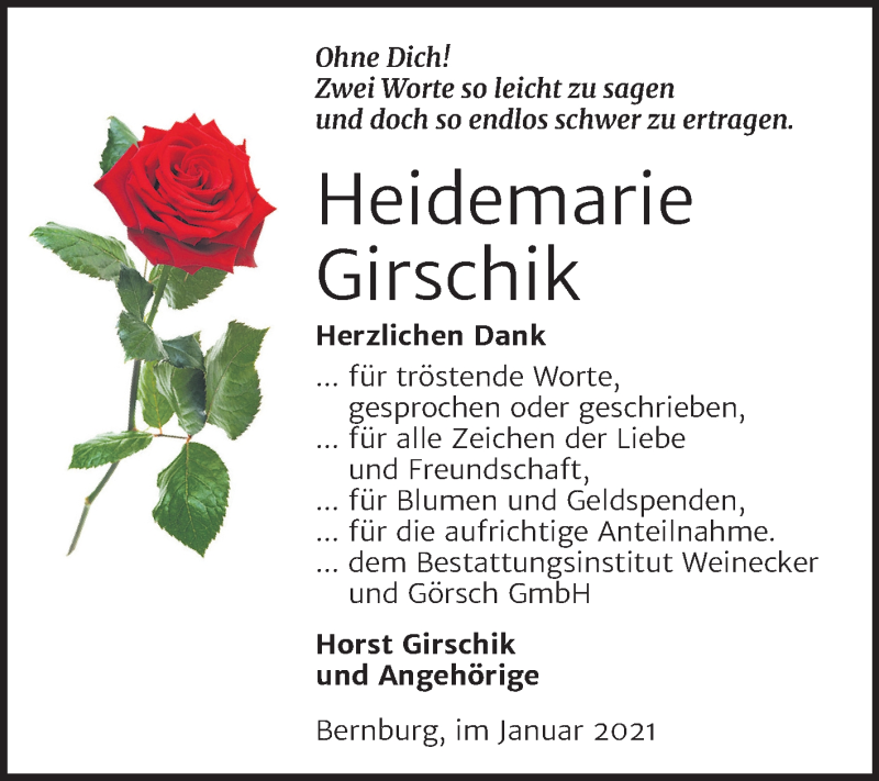  Traueranzeige für Heidemarie Girschik vom 23.01.2021 aus Super Sonntag Bernburg