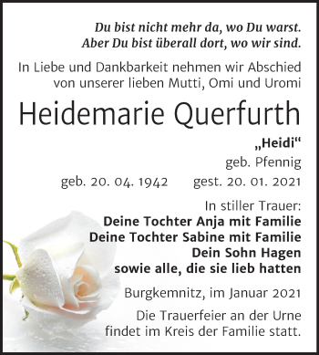 Traueranzeige von Heidemarie Querfurth von Mitteldeutsche Zeitung Bitterfeld