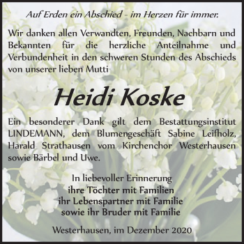 Traueranzeige von Heidi Koske von Super Sonntag Quedlinburg