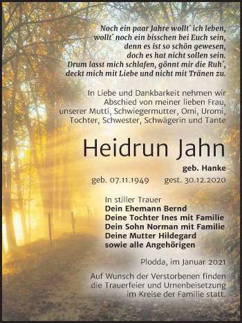 Traueranzeige von Heidrun Jahn von Mitteldeutsche Zeitung Bitterfeld