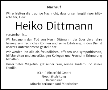 Traueranzeige von Heiko Dittmann von Mitteldeutsche Zeitung Bitterfeld / Dessau-Roßlau