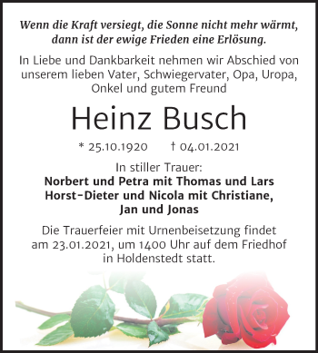 Traueranzeige von Heinz Busch von Super Sonntag Sangerhausen