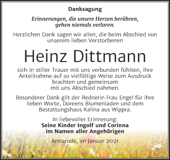 Traueranzeige von Heinz Dittmann von Mitteldeutsche Zeitung Mansfelder Land