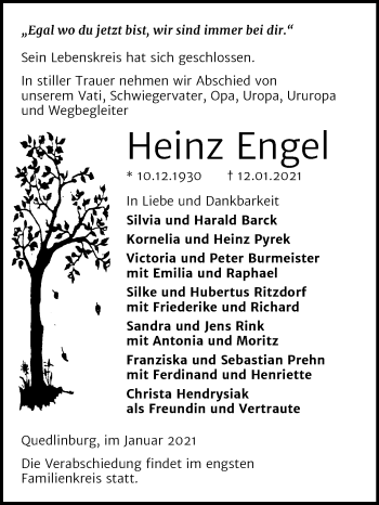 Traueranzeige von Heinz Engel von Mitteldeutsche Zeitung Quedlinburg