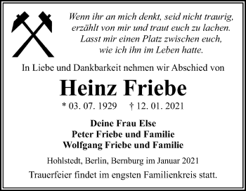 Traueranzeige von Heinz Friebe von Mitteldeutsche Zeitung Sangerhausen
