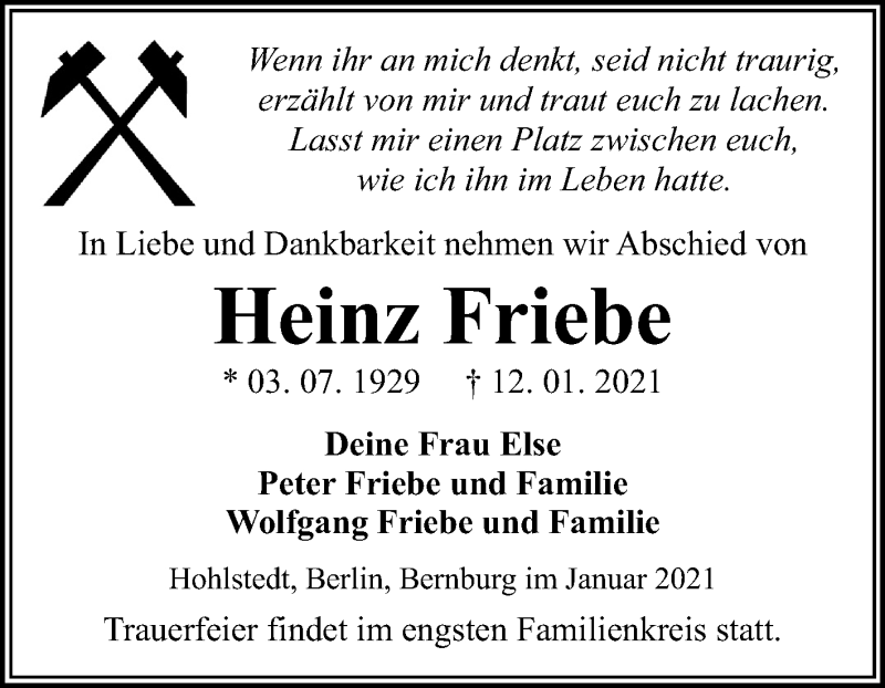  Traueranzeige für Heinz Friebe vom 16.01.2021 aus Mitteldeutsche Zeitung Sangerhausen