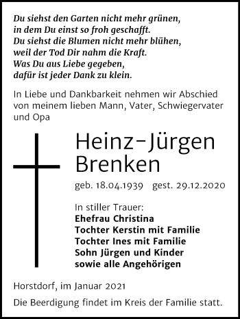Traueranzeige von Heinz-Jürgen Brenken von Mitteldeutsche Zeitung Wittenberg