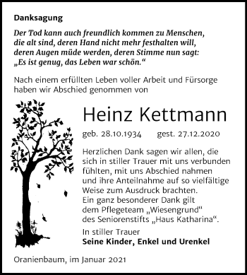 Traueranzeige von Heinz Kettmann von Mitteldeutsche Zeitung Wittenberg