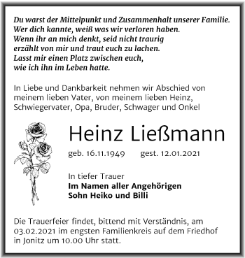 Traueranzeige von Heinz Ließmann von Mitteldeutsche Zeitung Dessau-Roßlau