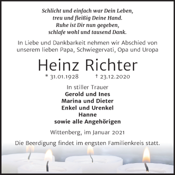 Traueranzeige von Heinz Richter von Mitteldeutsche Zeitung Wittenberg
