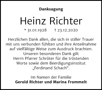 Traueranzeige von Heinz Richter von Super Sonntag Wittenberg