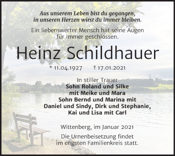 Traueranzeige von Heinz Schildhauer von Super Sonntag Wittenberg