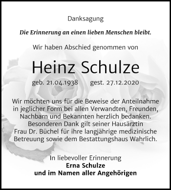 Traueranzeige von Heinz Schulze von Super Sonntag Mansfelder Land / Sangerhausen
