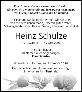 Traueranzeige von Heinz Schulze von Mitteldeutsche Zeitung Mansfelder Land