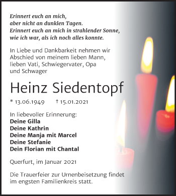 Traueranzeige von Heinz Siedentopf von Mitteldeutsche Zeitung Merseburg/Querfurt