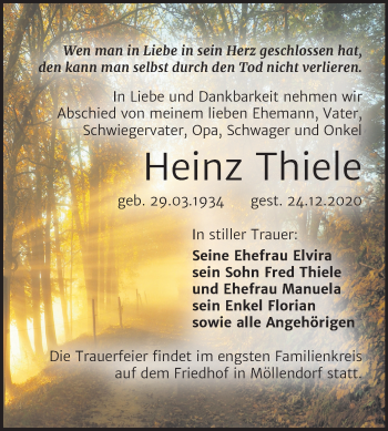 Traueranzeige von Heinz Thiele von Mitteldeutsche Zeitung Mansfelder Land