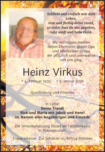 Traueranzeige von Heinz Virkus von Mitteldeutsche Zeitung Quedlinburg