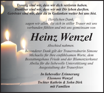 Traueranzeige von Heinz Wenzel von Super Sonntag Dessau-Roßlau