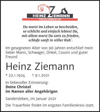 Traueranzeige von Heinz Ziemann von Super Sonntag Mansfelder Land