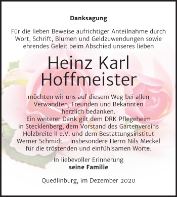 Traueranzeige von Heinz Karl Hoffmeister von Super Sonntag Quedlinburg